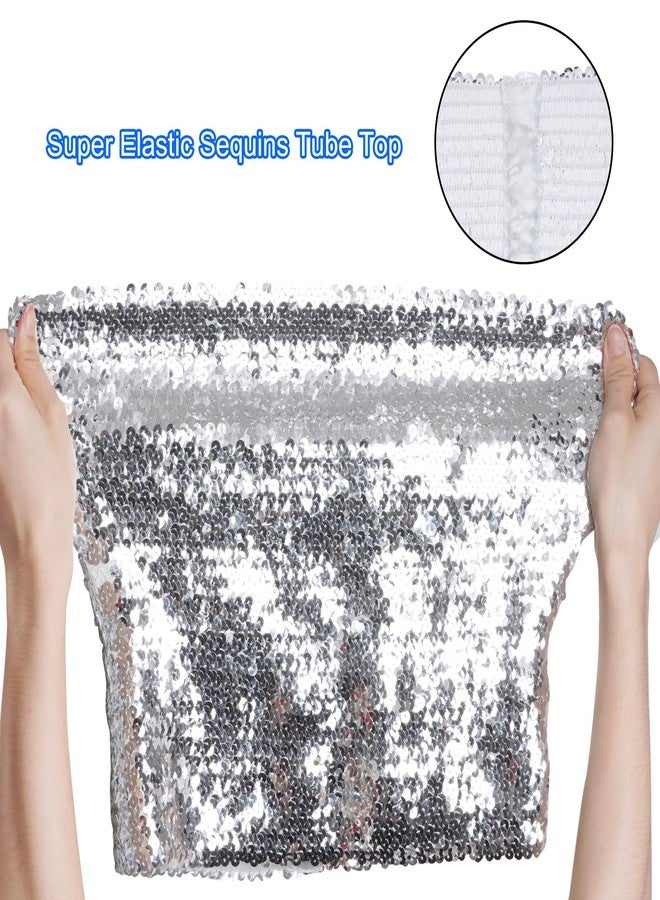 SUMERSHA Women's Sequin Tube Top Stretchy Sleeveless Crop Tops Metallic Sparkly Tube Tops for Halloween Party Clubwear (Silver) - Image 3